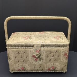 VGT,Cream,Floral,Woven Handle Sewing Basket.